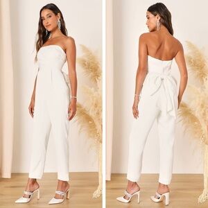 Beloved Bliss Ivory Strapless Slim Leg Bow Jumpsuit, Size Medium